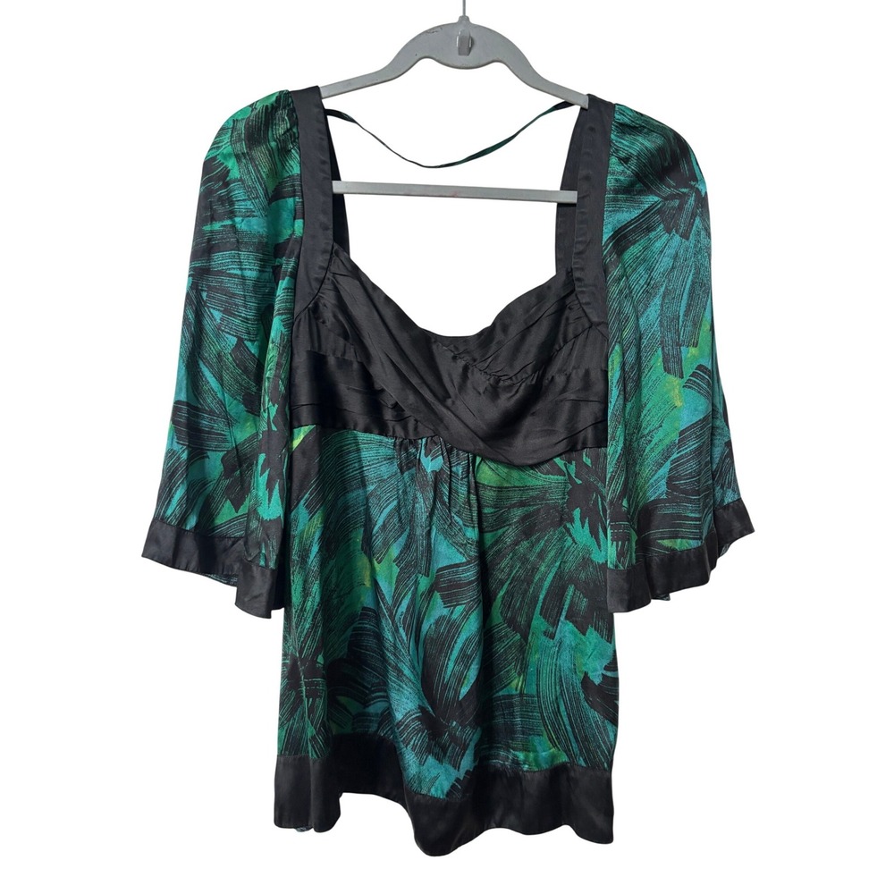 Y2K Bebe Silk Abstract Print Blouse Envious Green Square Neck Side Zip XXS